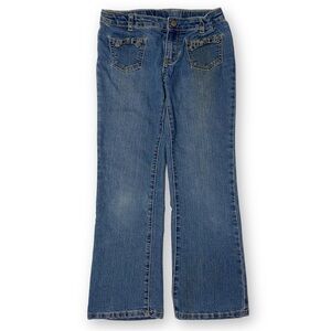 Gymboree Girls Size 8 Bootcut Flare Bow Patch Pocket Tea Wash Denim Blue Jeans